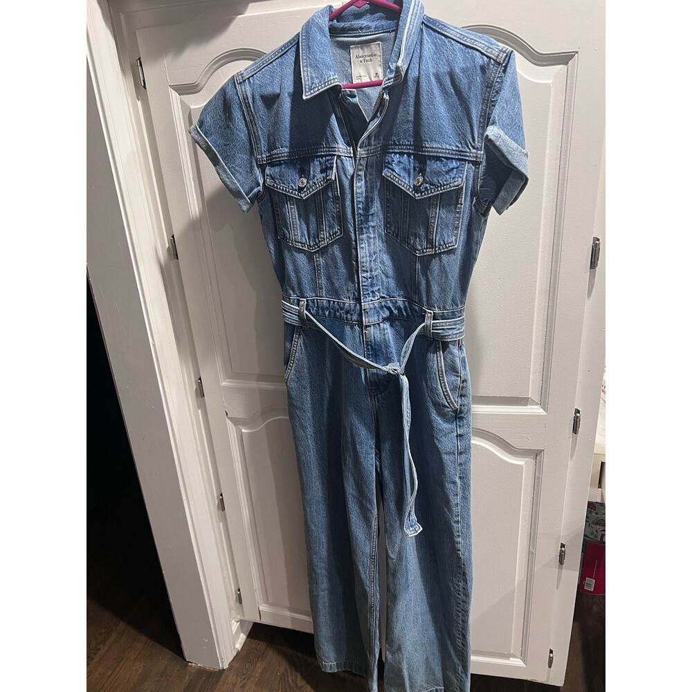 Abercrombie & Fitch Women’s Denim Jumpsuit Small Short Sleeve Belted Wide Leg